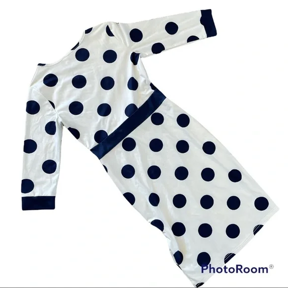 ELFIN White And Blue Polka Dot 50s Style Long Sleeve Midi Pin Up Bow Dress - Picture 9 of 9